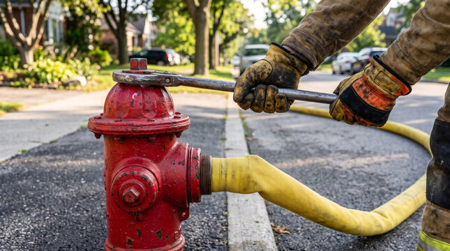 Firefighter hands using wrench to open red hydrant on city street