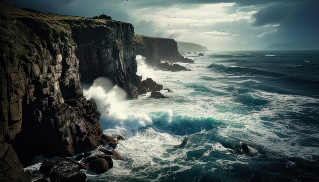 Dramatic Ocean Waves Crashing Against Cliffs.