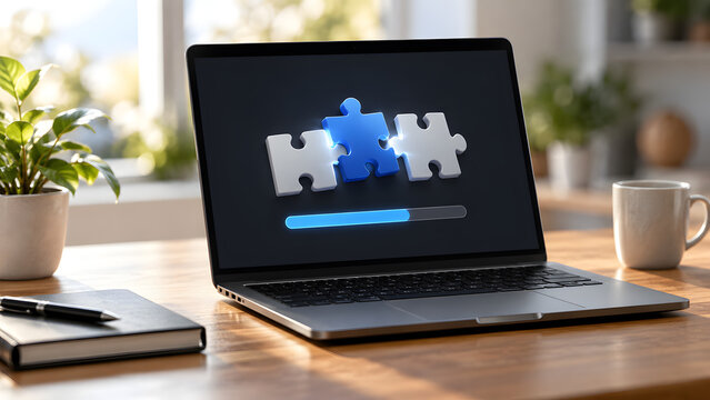 Laptop screen displaying interlocking puzzle pieces with a glowing progress bar symbolizing software integration and system update