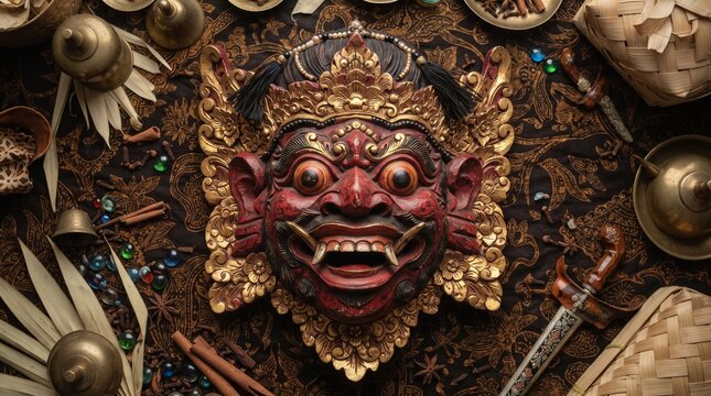 Traditional Indonesian Kelana Mask with Batik and Cultural Ornaments