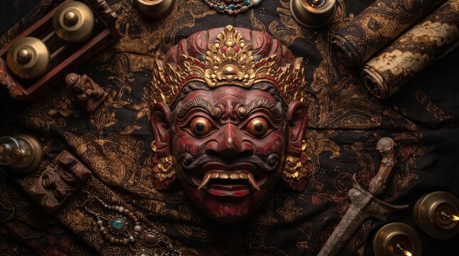 Traditional Indonesian Kelana Mask with Batik and Keris Dagger