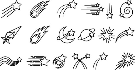 Shooting star comet and celestial space elements line outline icons set for astrology branding magic astronomy night sky design © MdRasidul