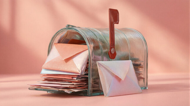 Frosted glass mailbox overflowing with iridescent envelopes on a soft pink background