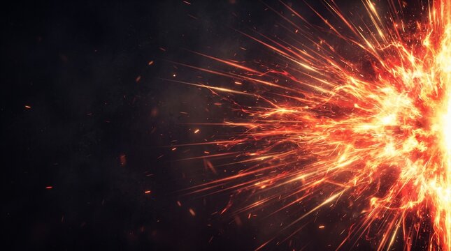 Abstract dynamic energy burst and light flare effect with glowing particles and radiant rays on dark background, high speed motion VFX overlay for gaming and video editing.