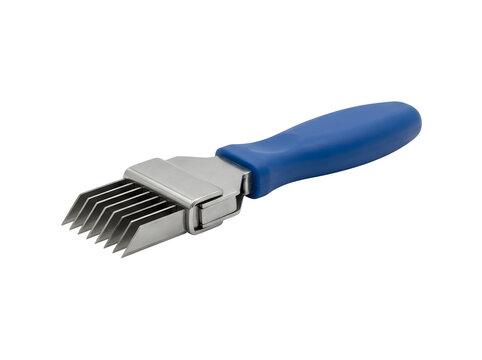 Vegetable shredder kitchen tool with sharp steel blades blue handle, isolated on transparent background