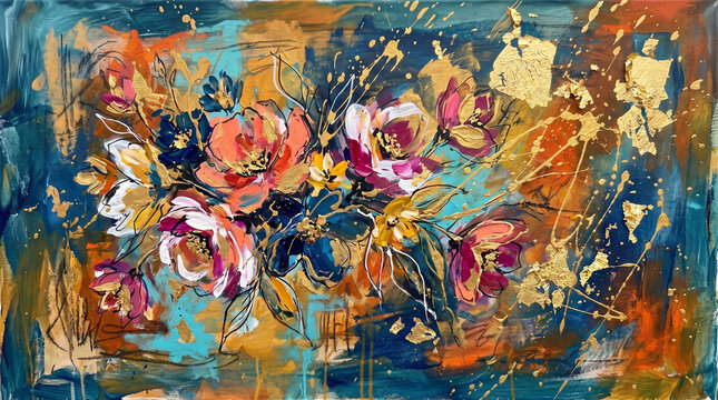 Vibrant colorful floral oil painting featuring bold expressive brushstrokes and shimmering gold leaf accents