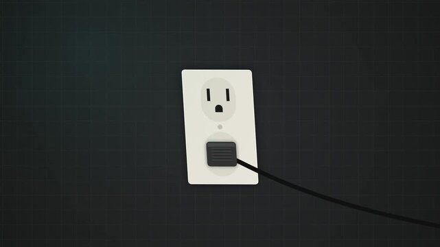 A clean motion graphic animation showing an electric plug connecting to a standard wall outlet against a dark grid background representing energy and technology concepts.