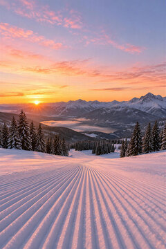 Freshly groomed ski slope corduroy snow with pine forest, mountains at colorful winter sunrise at ski resort