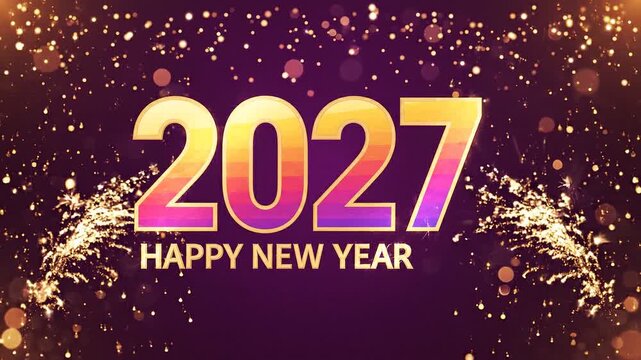 2027 happy new year celebration background, with golden fireworks, and glowing particles
