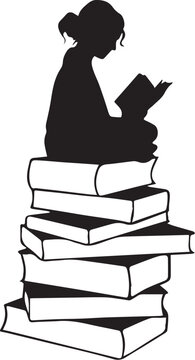Silhouette of a woman reading a book while sitting on a stack of books