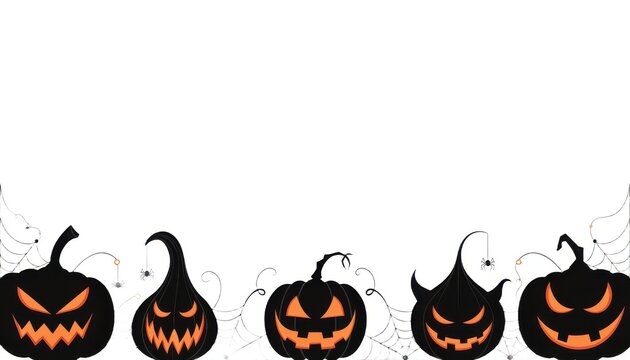 Row of spooky glowing carved pumpkin silhouettes on a white background with halloween decor