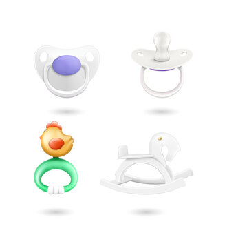 Baby pacifiers and toys on transparent background