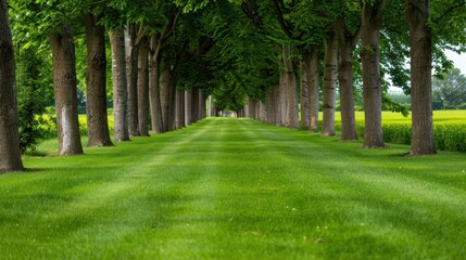 Obraz premium Tranquil Tree-Lined Pathway Surrounded by Lush Green Grass and Vibrant Fields in a Serene Natural Landscape