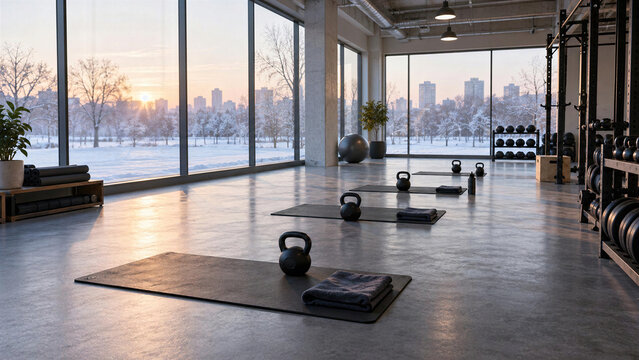 Empty modern gym with yoga mats, kettlebells on floor, big windows with snowy park at winter sunrise