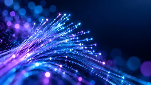 Abstract glowing fiber optics strands with blue and purple light