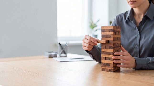 Businesswoman carefully pulling a wooden block from a tower on a desk, representing strategy and risk management