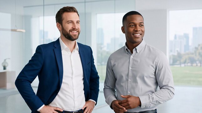 Two confident and diverse businessmen standing and smiling together