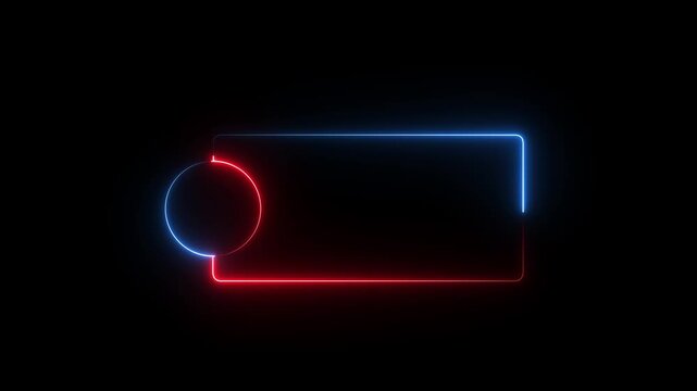 Glowing neon banner frame with circular badge space, displaying a vibrant blue and red border box for text on a dark background.