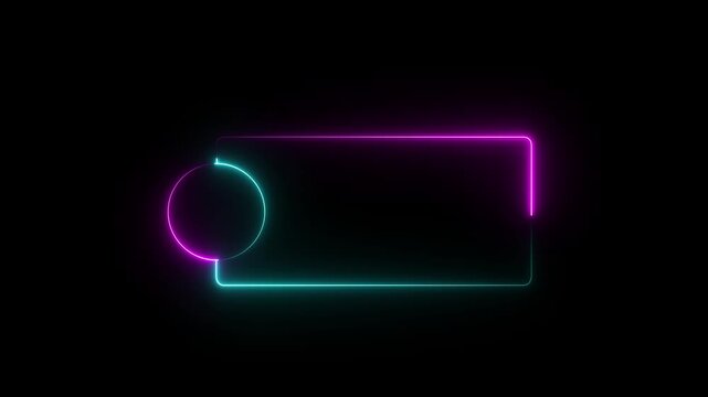 Glowing neon banner frame with circular badge space, displaying a vibrant cyan and purple border box for text on a dark background.