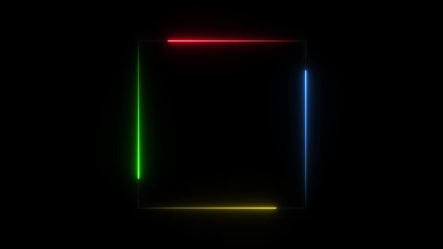 Glowing neon square frame with colorful linear segments, featuring a multicolor border outline for text display on dark background