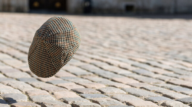 Houndstooth flat cap tumbling midair above historic cobblestone pavement outdoors