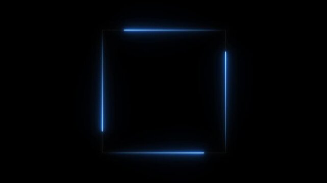 Glowing neon square frame with segmented electric lines, presenting a bright blue border border box for text placement on dark background.