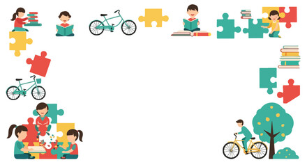 Fototapeta premium A colorful educational frame featuring children reading books, solving puzzle pieces, and riding bicycles around a blank space.