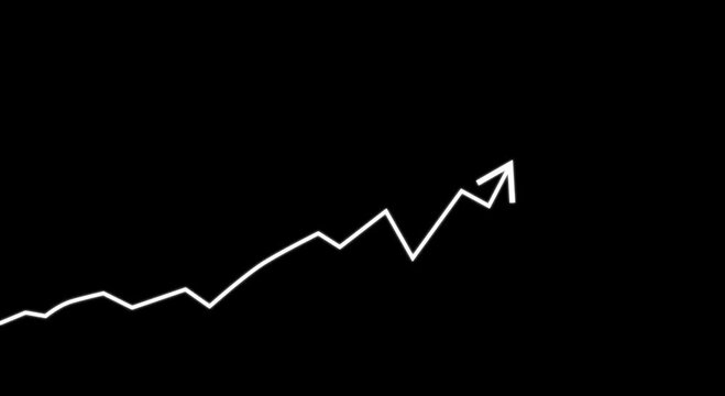 Rising trend line with upward red arrow showing business progress, representing financial growth chart on isolated black background.