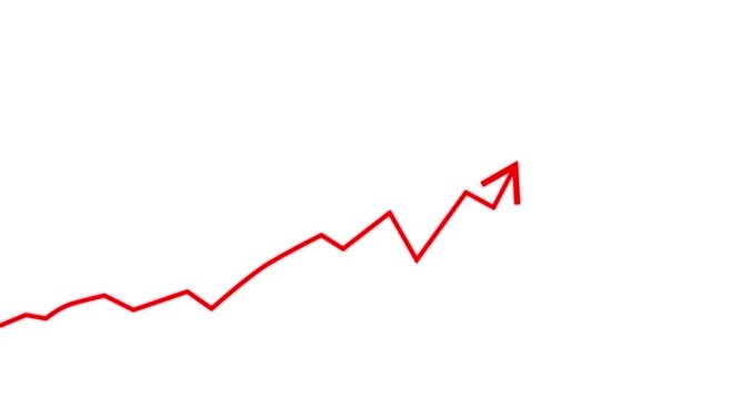Rising trend line with upward red arrow showing business progress, representing financial growth chart on isolated white background.