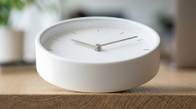 Modern white analog desk clock on a wooden surface with minimalist design time management schedule