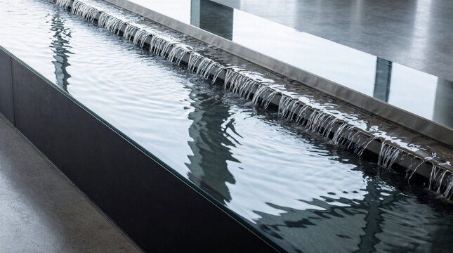 Modern water feature featuring a 3m blackened steel trough, 10mm glass surface, and 2mm flowing water sheet