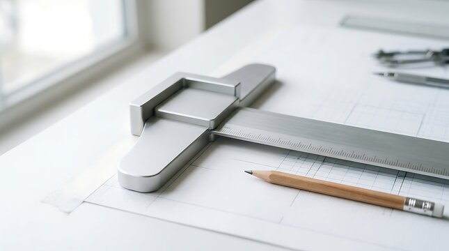 Architectural t-square tool and wooden pencil on a blueprint draft with t square