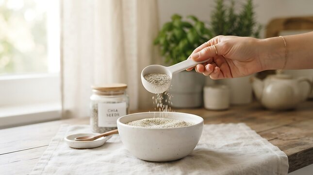 Person using white measuring spoon to scoop ingredients into bowl with baking ingredients