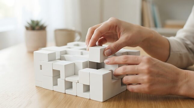 Person assembling a white geometric modular wooden construction puzzle with geometric blocks