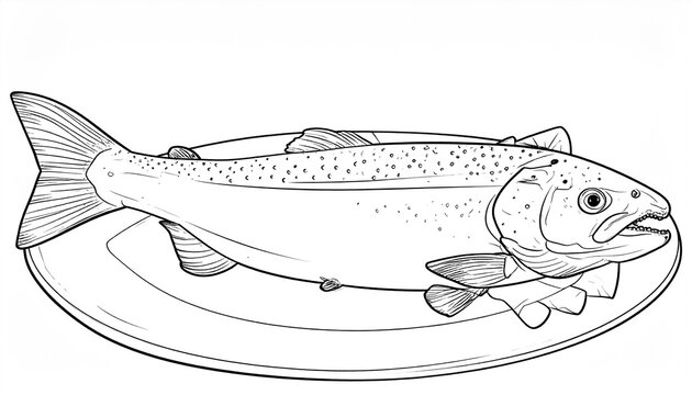 Line art illustration of a hooked trout fish, detailed outline, fishing theme, black and white coloring book style.
