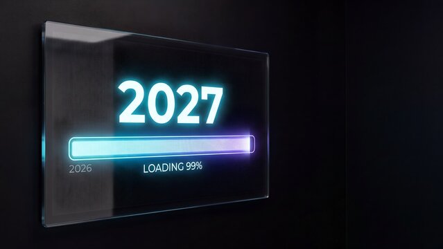 Loading bar 99 percent with glowing 2027 on transparent glass screen against dark background, futuristic new year countdown concept for technology banner, social media and website header