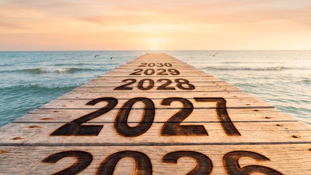 Pier of wooden planks with burned 2026 2027 2028 2029 2030 numbers leading to sea horizon at sunset, new year future path concept photo for travel banner, motivation poster and presentation