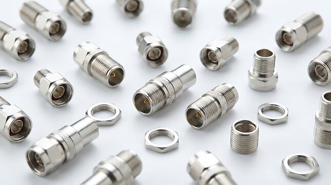 Top view of broadcast equipment parts and coaxial cable connectors for network setup