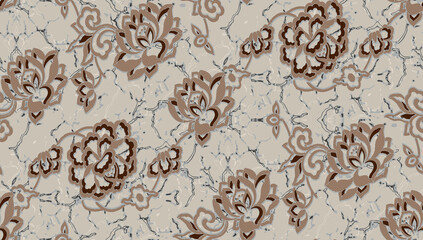 Close up of abstract floral damask pattern in gold and white on textured fabric background © Wolfworker