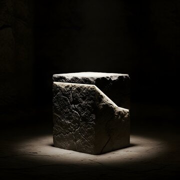 Glowing stone cube with cracked texture in dark atmospheric environment