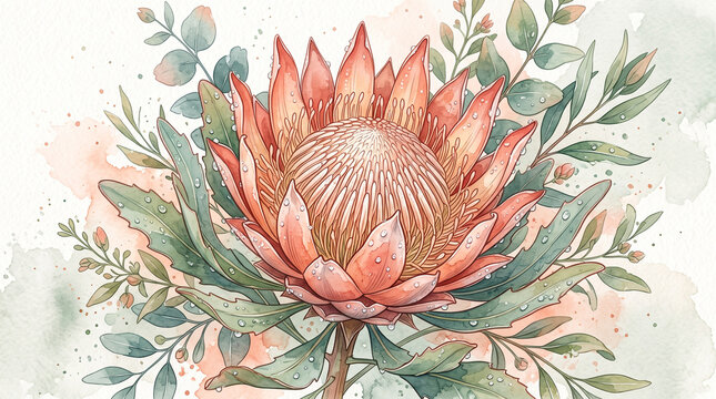 Beautiful pink protea flower illustration featuring delicate watercolor textures and vibrant botanical details
