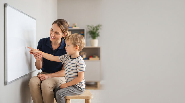A female therapist in a blue polo shirt sitting with a young boy in a striped shirt, ad social media download thambnail poster web template event festival 2026 2027 2028