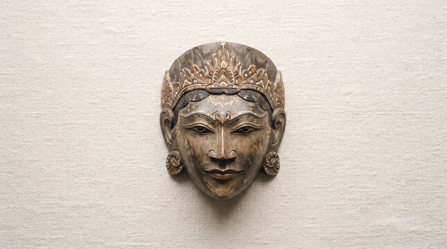 Traditional Indonesian Panji Wooden Mask Isolated on Textured Background