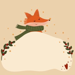Hand drawn Christmas frame with a cute fox wearing a warm scarf, winter berries and stars. Festive illustration with large copy space for holiday greetings, invitations, cards and seasonal design. © Tati