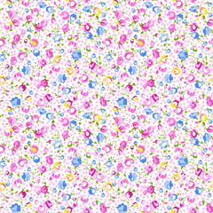 Colorful floral pattern with pink, blue, and yellow flowers on white background © Wolfworker