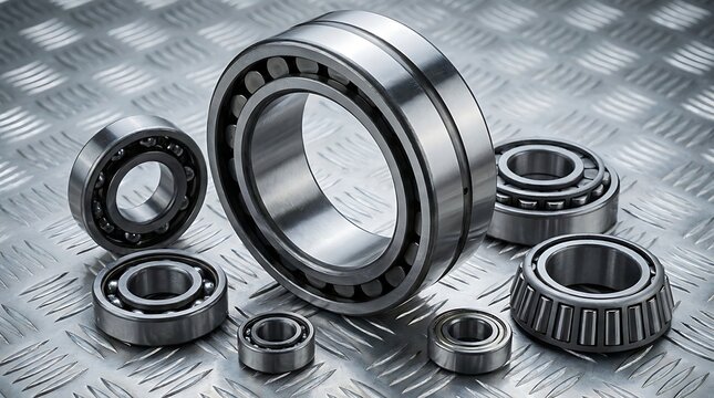 Assortment of steel ball and roller bearings on metallic diamond plate background