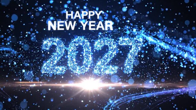 Happy new year 2027 sparkling blue particle text animation with glowing light effects