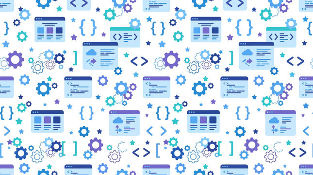 Seamless Pattern: Coding, Web Development, Software, Technology, Gears, UI Design