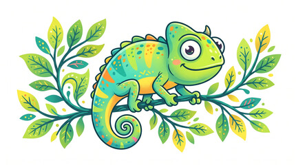 Fototapeta premium Cute green chameleon sitting on a leafy branch illustration in vibrant tropical colors