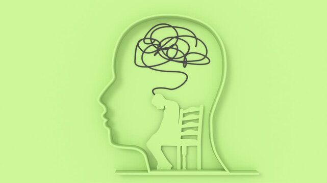 Inside a head silhouette, a sad person sits on a chair under a tangled scribble of thoughts. A metaphor of depression, anxiety, overthinking, mental burden, inner struggle and the need for support.